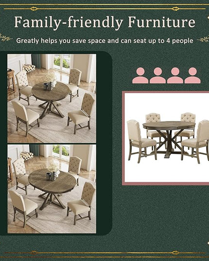 Small Dining Table Set for 4-6, Modern Round Extendable Table and Upholstered Chairs, X-Shaped Cross Base, Button Tufting Backrest, Retro Style Home Furniture for Small Spaces, Living Room - LeafyLoom