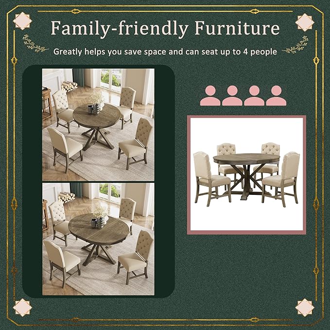 RITSU 5-Piece Vintage Style Retractable Dining Table Set with 4 Upholstered Tufted Button Chairs w/X-Shaped Base and Silk-Embossed Veneer for Kitchen, Living Room, Natural Wood Wash, 54inch - LeafyLoom
