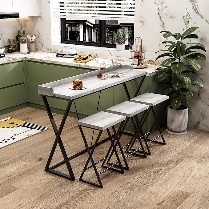 NicBex Kitchen Table Set Dining Room Set Modern Design Kitchen Dining Table, Pub Table with X-Shaped Table Legs, Long Dining Table Set with 3 Stools, Easy Assemble, Gray - LeafyLoom