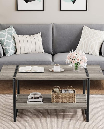 Towallmark 2-Tier Wood Coffee Table, Farmhouse Coffee Table with Storage Shelf- Rustic Metal Rectangle Center Living Room Coffee Table Accent Furniture for Home Office (Gray) - LeafyLoom