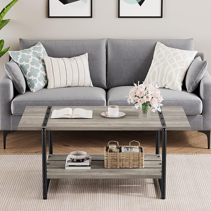 Towallmark 2-Tier Wood Coffee Table, Farmhouse Coffee Table with Storage Shelf- Rustic Metal Rectangle Center Living Room Coffee Table Accent Furniture for Home Office (Gray) - LeafyLoom