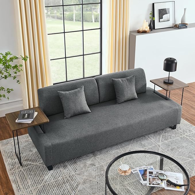 Morden Linen Upholstered 3 Seat Sofa Couch with Two End Tables and 2 Pillows, Free Transformation Removable Back and Armrests for Living Room, 86.25", Grey-395 - LeafyLoom