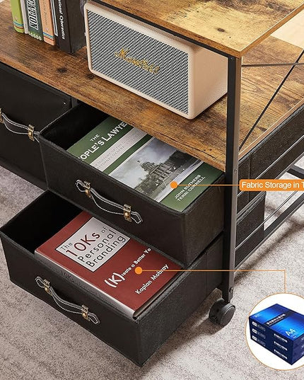 VECELO 3 Drawer Lateral File Cabinet Rolling Printer Stand with Open Storage Shelf, Fits A4 Or Letter Size, with Lockable Casters, Leather Handle, Ideal for Small Spaces, Brown+Black - LeafyLoom