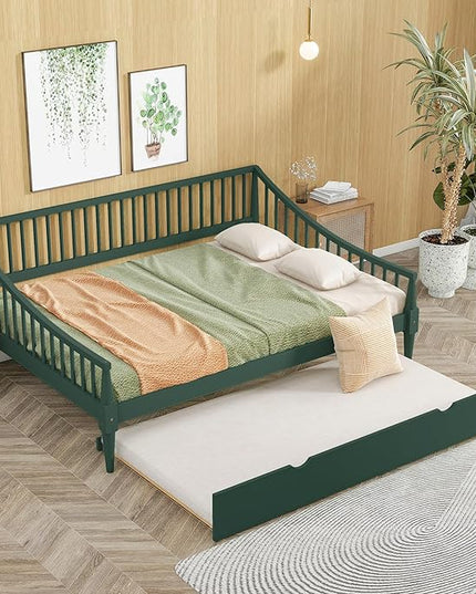 Full Size Daybed with Hideaway Trundle and Support Legs,Multi-functional Wood Bed Frame,W/Rails Three Sides,Easy to Assemble,for Bedroom,Living Room,Apartment,Green - LeafyLoom