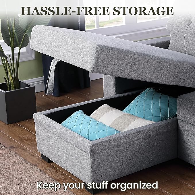 L Shape Sleeper Sofa Bed with Storage, Large Full Size Pull Out Sectional Couch, Futon Chaise Lounge Recliner for Living Room, Apartment, Bedroom, Office, Grey - LeafyLoom