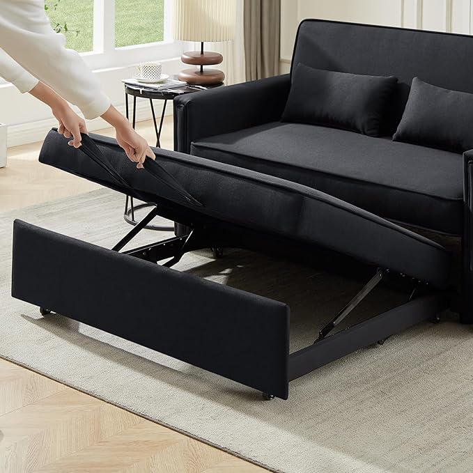 3-in-1 Linen Upholstered Sofabed Tufted Futon Loveseat Sofa Convertible Sleeper Couch Bed with Reclining Backrest and 2 Lumbar Pillows,Modern 2-Seaters Love Seat Daybed for Living Room - LeafyLoom