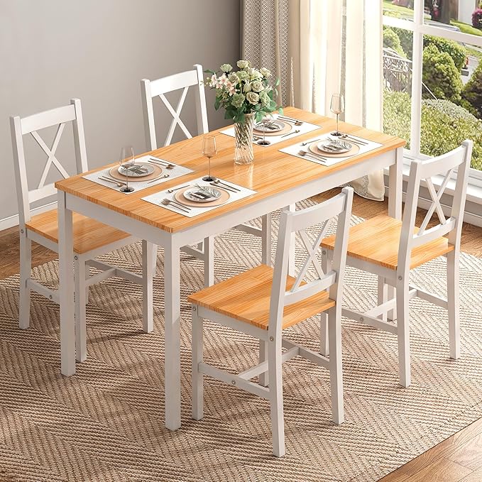 sogesfurniture 5-Piece Dining Table Set, Pine Wood Kitchen Table with 4 Chairs,Indoor Modern Rectangular Dining Table Furniture Set for Kitchen, Dining Room, Dinette, Breakfast Nook, Oak&White - LeafyLoom