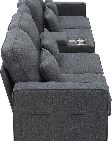 114.2" Linen Upholstered Sofa with Consoleand 2 USB Ports Wired or Wirelessly Charged,Modern 4-Seat Couches W/ 4 Pillows and Two Cupholders,for Living Room,Apartment,Dark Grey - LeafyLoom