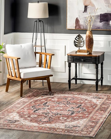 nuLOOM Emmy Faded Persian Machine Washable Ultra Thin Area Rug, 4' x 6', Red - LeafyLoom