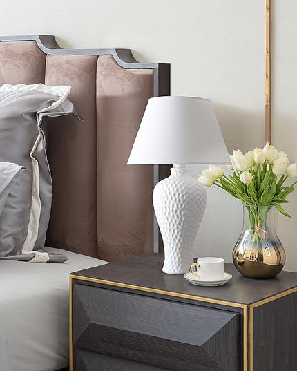 Simple Designs LT2004-WHT Hammered Stucco Curvy Ceramic Table Lamp, White - LeafyLoom