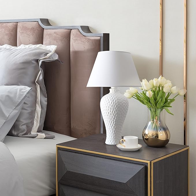 Simple Designs LT2004-WHT Hammered Stucco Curvy Ceramic Table Lamp, White - LeafyLoom