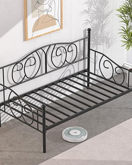 VECELO Twin Daybed Frame, Metal Day Bed with Classic Headboard, Multifunctional Platform Beds for Bedroom, Living Room, Guest Room, No Boxing Spring Needed, Black - LeafyLoom