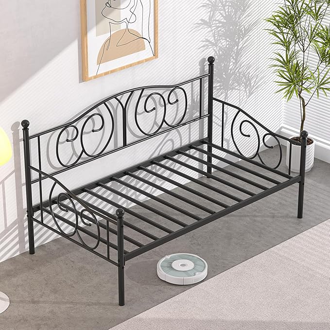 VECELO Twin Daybed Frame, Metal Day Bed with Classic Headboard, Multifunctional Platform Beds for Bedroom, Living Room, Guest Room, No Boxing Spring Needed, Black - LeafyLoom