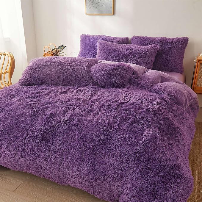 Fluffy dark purple comforters Cover twin size - Ultra Soft Plush red bedding Sets 2 Pieces (1 faux fur comforter Cover + 1 fuzzy pillow case) girls shaggy purple twin bed set (Dark purple, Twin) - LeafyLoom