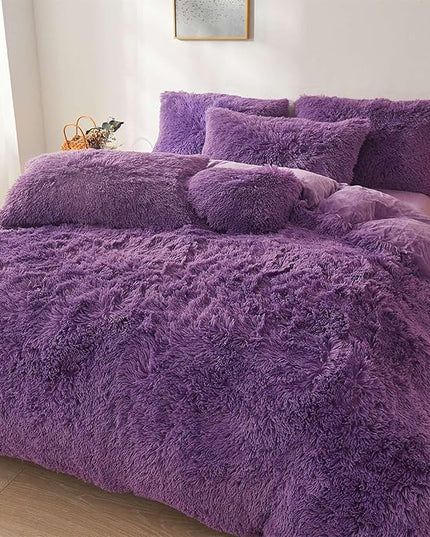 FOPPA Dark Purple fluffy Comforter Cover Set king- Ultra Soft fluffy Purple Bedding Sets 3 Pieces (1 Duvet Cover + 2 Pillow case) pink fluffy bed set (Dark Purple, King) - LeafyLoom