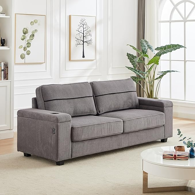 Modern Living Room Upholstered 3 Seater Sofa Couch Deep Seat Soft Corduroy Sofa&Couch with Storage Armrests, 2 Cupholders, Type-C and USB Charging Ports for Home, Apartment, Office - LeafyLoom
