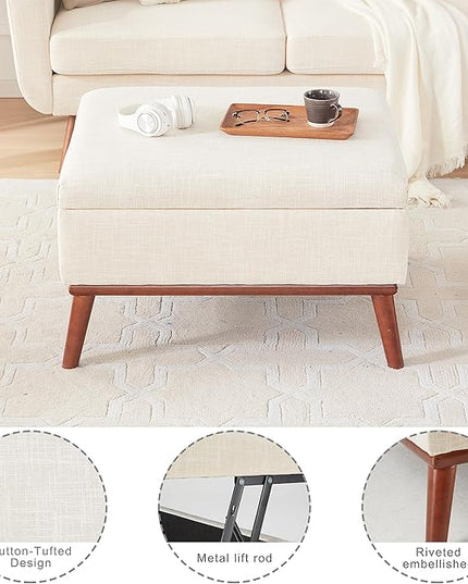 Tbfit Large Ottoman with Storage, 31.5-inch Mid Century Modern Rectangle Coffee Table with Lid Lifting Function and High Wooden Legs, Oversized Storage Ottomans for Living Room, Office Room - LeafyLoom