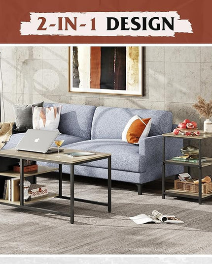 WLIVE Coffee Table for Living Room, Adjustable Coffee Table Set of 2 with End Table, Small Industrial Coffee Table with Side Table, Metal Frame and Wood Desktop, Greige - LeafyLoom