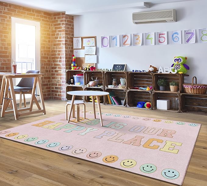 Flagship Carpets Schoolgirl Style This is Our Happy Place on Pink Educational Area Rug for Kids Room Seating Décor, Children's Classroom, Play Carpet for Teaching and Playroom, 7'6" x 12' - LeafyLoom