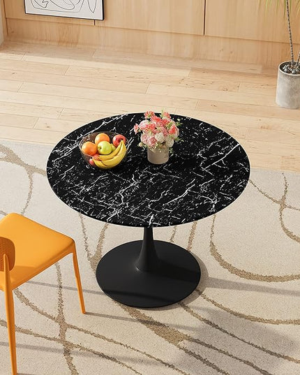 NicBex Dining Table Contemporary Kitchen Table Farmhouse Rustic 42.12" Round Dining Table with Printed Black Marble Table Top, Metal Base Dining Table, End Table Leisure Coffee Table, Black Marble - LeafyLoom