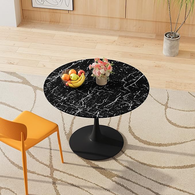NicBex Dining Table Contemporary Kitchen Table Farmhouse Rustic 42.12" Round Dining Table with Printed Black Marble Table Top, Metal Base Dining Table, End Table Leisure Coffee Table, Black Marble - LeafyLoom