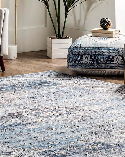 nuLOOM Eva Machine Washable Vintage Faded Medallion Ultra Thin Area Rug, 5' x 8', Blue - LeafyLoom