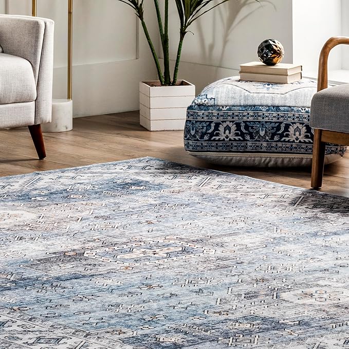 nuLOOM Eva Machine Washable Vintage Faded Medallion Ultra Thin Area Rug, 5' x 8', Blue - LeafyLoom