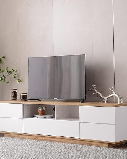 71 Inch TV Stand for TVs up to 80'', Television Stand with Ample Storage Space and Door Rebound Device, Entertainment Center for Living Room, Bedroom, White+Natural - LeafyLoom