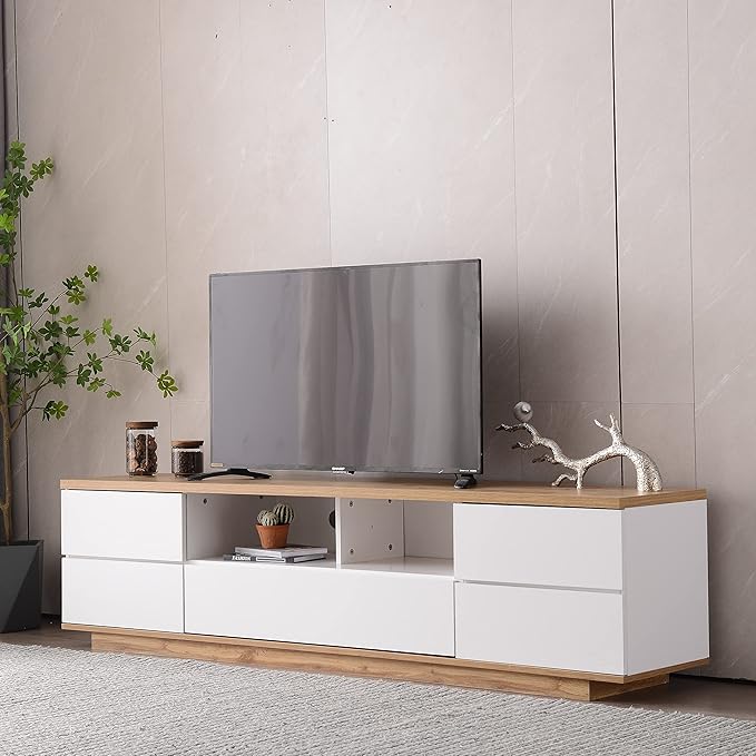 71 Inch TV Stand for TVs up to 80'', Television Stand with Ample Storage Space and Door Rebound Device, Entertainment Center for Living Room, Bedroom, White+Natural - LeafyLoom