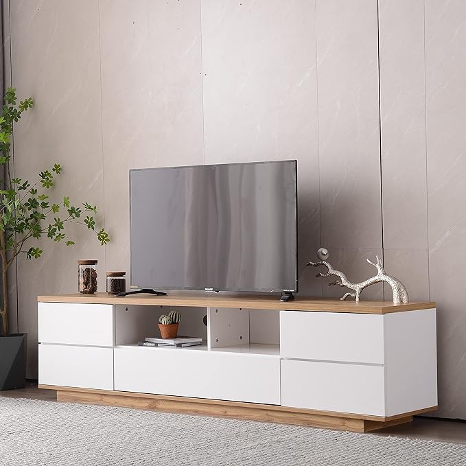 Modern Stand 80'', Media Console with Multi-Functional Storage, Entertainment Center with Door Rebound Device, TV Cabinet Table for Living Room, Bedroom, White+Natural - LeafyLoom