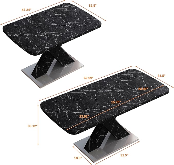 NicBex 62.99Inch Expandable Dining Table,Modern Kitchen Table with White Marble Tabletop and MDF White X-Shape Legs for 6 to 8,Large Dining Room Table for Kitchen,Meeting Room and Living Room,Black - LeafyLoom
