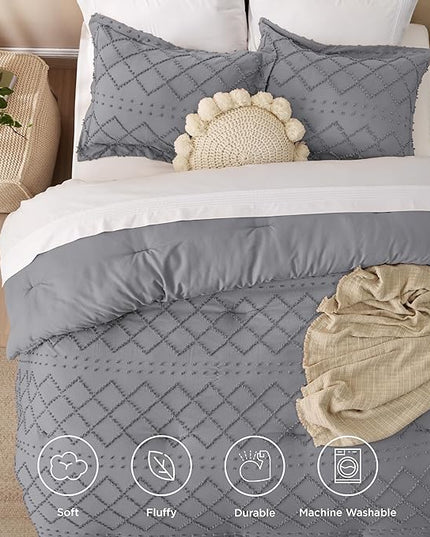 Bedsure King Size Comforter Set - Grey Comforter, Boho Tufted Shabby Chic Bedding Comforter Set, 3 Pieces Vintage Farmhouse Bed Set for All Seasons, Fluffy Soft Bedding Set with 2 Pillow Shams - LeafyLoom