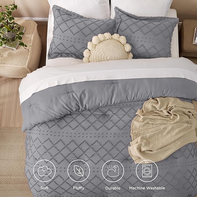 Bedsure Queen Comforter Set - Grey Comforter, Boho Tufted Shabby Chic Bedding Comforter Set, 3 Pieces Vintage Farmhouse Bed Set for All Seasons, Fluffy Soft Bedding Set with 2 Pillow Shams - LeafyLoom