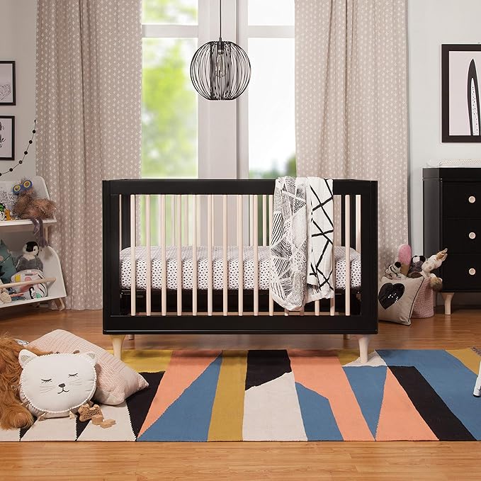 Babyletto Lolly 3-in-1 Convertible Crib with Toddler Bed Conversion Kit in Black and Washed Natural, Greenguard Gold Certified - LeafyLoom