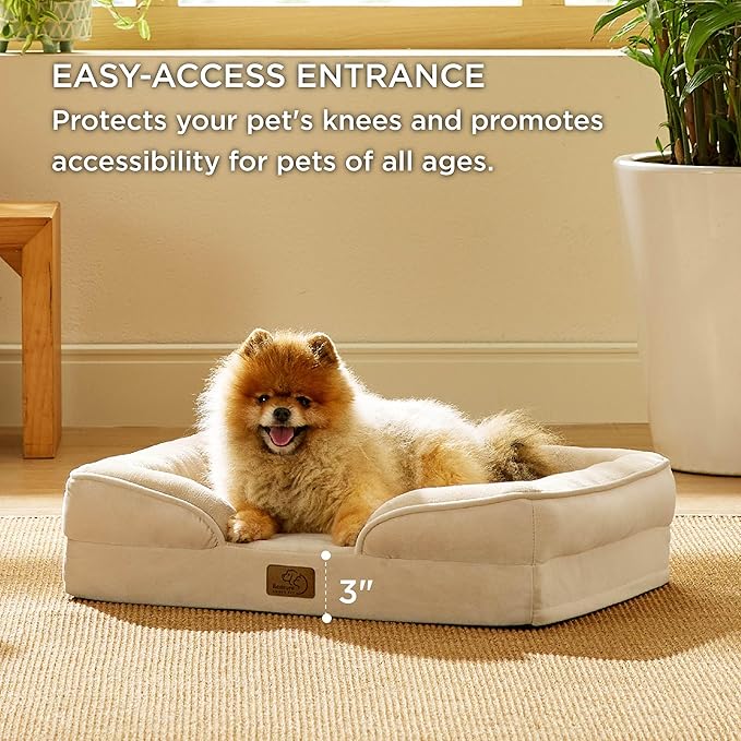 Bedsure Small Orthopedic Dog Bed - Washable Bolster Dog Sofa Beds for Small Dogs, Supportive Foam Pet Couch Bed with Removable Washable Cover, Waterproof Lining and Nonskid Bottom Couch, Light Khaki BEDSURE