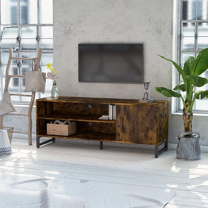 Novilla Media Console, TV Stand for TV's up to 58" Flat Screen Living Room Storage Cabinet Doors and Shelves Entertainment Center, 53 Inches, Brown - LeafyLoom