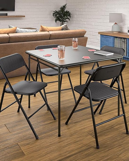 COSCO Premium 5-Piece Dining Set, with 34" Vinyl Top Card Table and 4 Fabric Padded Seat & Back Folding Chairs, Black - LeafyLoom