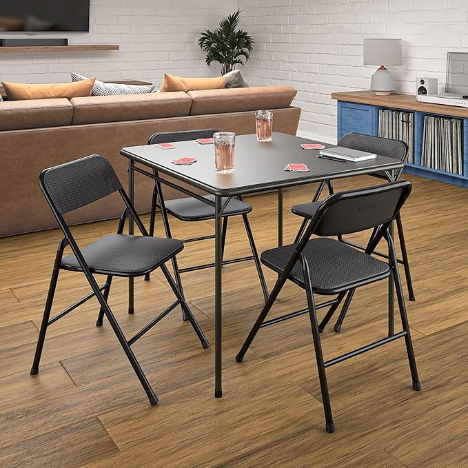 COSCO Premium 5-Piece Dining Set, with 34" Vinyl Top Card Table and 4 Fabric Padded Seat & Back Folding Chairs, Black - LeafyLoom