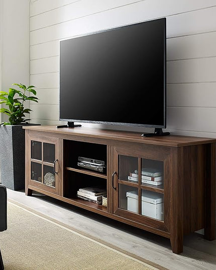 Walker Edison Portsmouth Classic 2 Glass Door Stand for TVs up to 80 Inches, 70 Inch, Dark Walnut - LeafyLoom