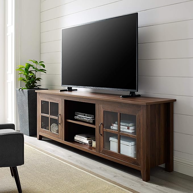 Walker Edison Portsmouth Classic 2 Glass Door Stand for TVs up to 80 Inches, 70 Inch, Dark Walnut - LeafyLoom