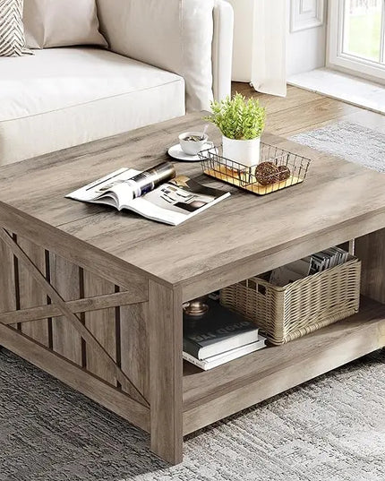 YITAHOME Coffee Table Farmhouse Coffee Table with Storage Rustic Wood Cocktail Table,Square Coffee Table for Living Meeting Room with Half Open Storage Compartment, Rustic Grey - LeafyLoom