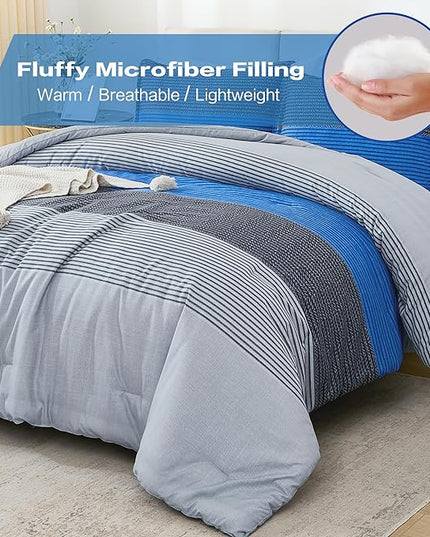 Litanika Bed Comforter Queen Set Grey Blue, Striped Bedding Comforter Set, 3 Pieces Lightweight Soft All Season Down Alternative Comforter (1 Comforter, 2 Pillowcases) - LeafyLoom
