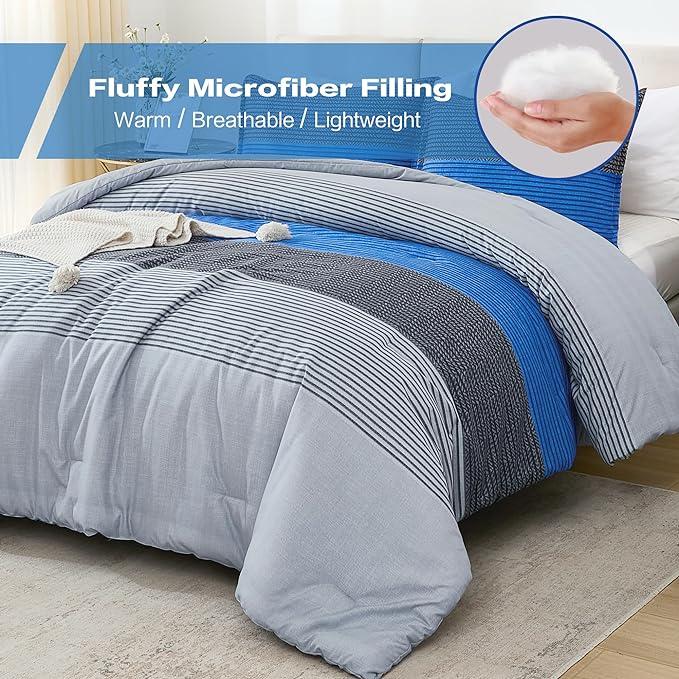 Litanika Bed Comforter King Set Grey Blue, Striped Bedding Comforter Set, 3 Pieces Lightweight Soft All Season Down Alternative Comforter (1 Comforter, 2 Pillowcases) - LeafyLoom