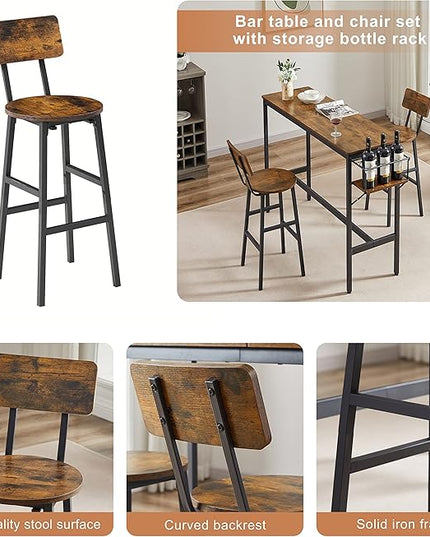 NicBex Dining Table Kitchen Table and Chairs 2 Person Dining Table Set Bar Table Set with Metal Frame and Wine Bottle Storage Rack for Dining Room and Restaurant, Rustic Brown - LeafyLoom
