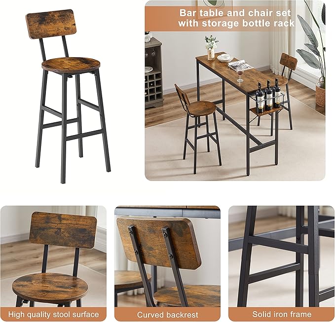 NicBex Dining Table Kitchen Table and Chairs 2 Person Dining Table Set Bar Table Set with Metal Frame and Wine Bottle Storage Rack for Dining Room and Restaurant, Rustic Brown - LeafyLoom
