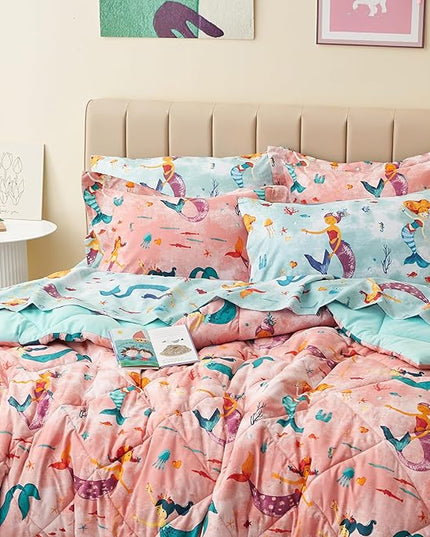 Twin Size Mermaid Kids Bedding Set for Girls, 7 Pieces Super Soft Lightweight Microfiber Comforter Set with Sheets, Bed in a Bag, Durable Children Bed Set - LeafyLoom