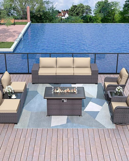 Patio Furniture Sectional Sofa Set 10-Pieces PE Rattan Swivel Rocking Chairs Outdoor Furniture Set w/43in Gas Fire Pit Table, Patio Conversation with 55000 BTU Propane Fire Pit, Sand - LeafyLoom
