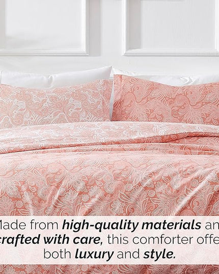 Southshore Fine Living, Inc. Oversized Full/Queen Comforter Set, Down Alternative Paisley Bedspread, Reversible Print is 2 Colors in 1, Queen/Full Comforter & Matching Shams, Coral/White - LeafyLoom