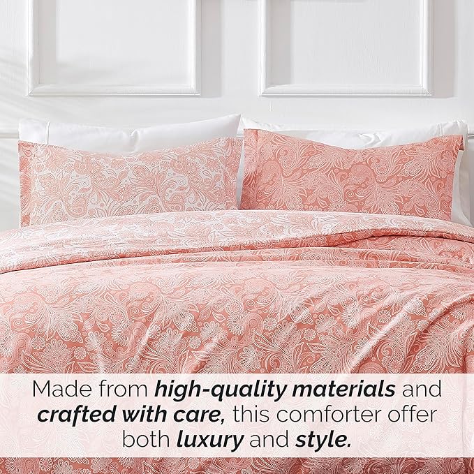 Southshore Fine Living, Inc. Oversized Full/Queen Comforter Set, Down Alternative Paisley Bedspread, Reversible Print is 2 Colors in 1, Queen/Full Comforter & Matching Shams, Coral/White - LeafyLoom