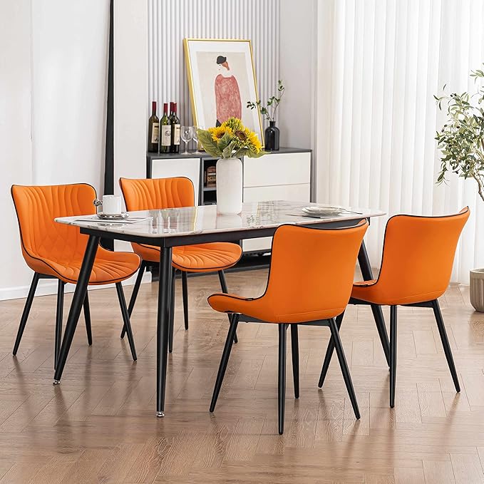 YOUTASTE Dining Chairs Set of 2 Upholstered Mid Century Modern Kitchen Dining Room Chairs Armless Faux Leather Accent Chairs Metal Vanity Lounge Chair with Back for Living Room Bedrooms,Orange - LeafyLoom